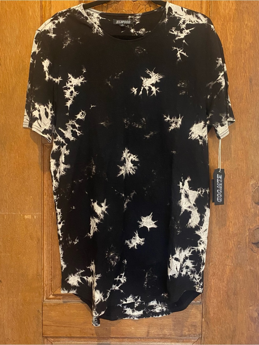 NWT ELWOOD extra length tunic tee shirt MEDIUM tie dye black cotton unisex